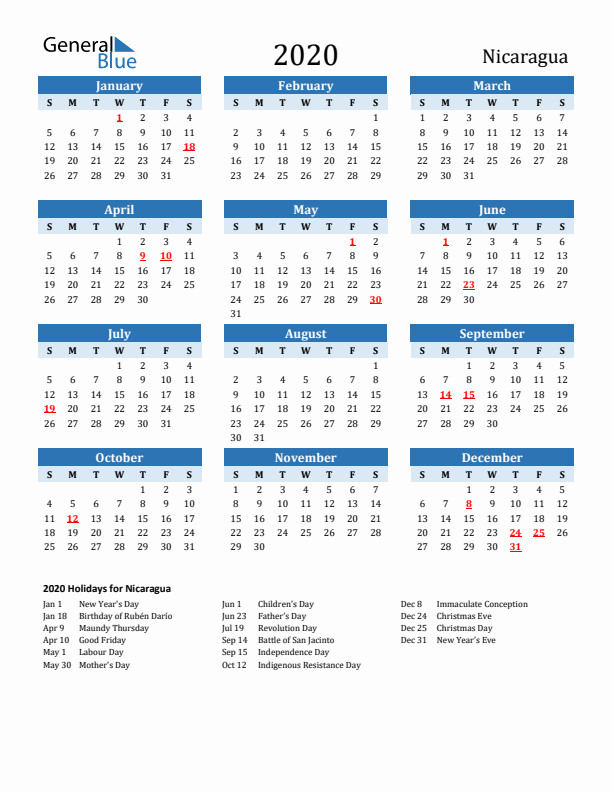 Printable Calendar 2020 with Nicaragua Holidays (Sunday Start)