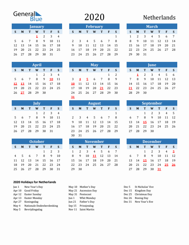 Printable Calendar 2020 with The Netherlands Holidays (Sunday Start)