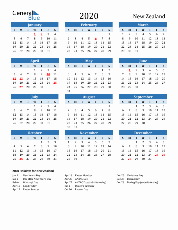 Printable Calendar 2020 with New Zealand Holidays (Sunday Start)