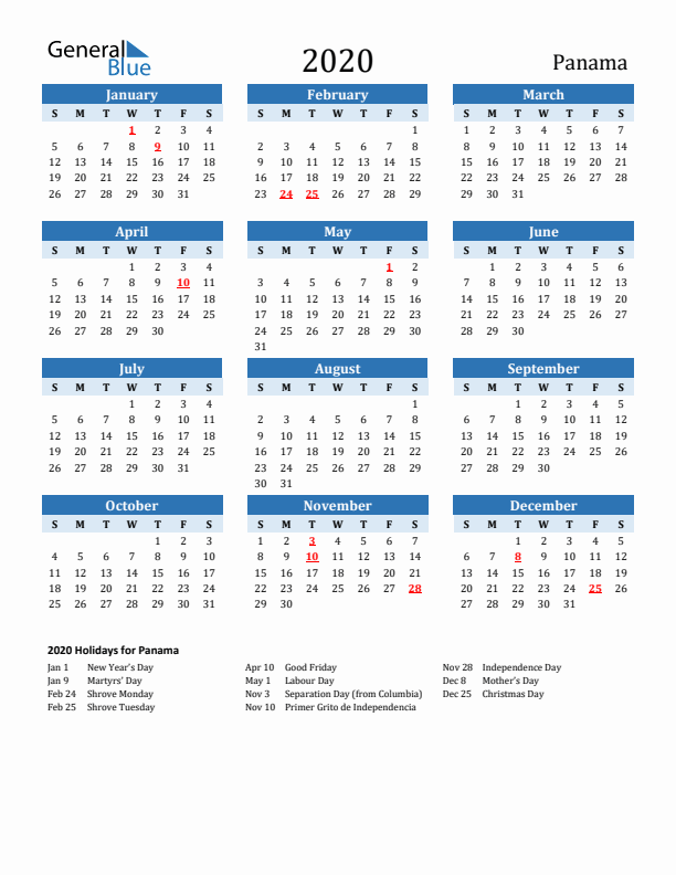 Printable Calendar 2020 with Panama Holidays (Sunday Start)