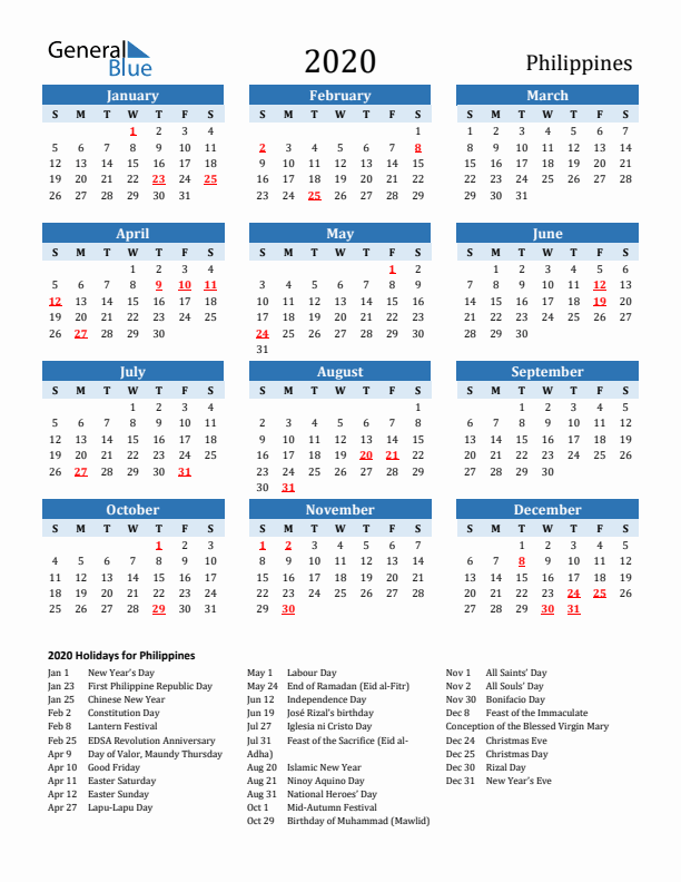 Printable Calendar 2020 with Philippines Holidays (Sunday Start)