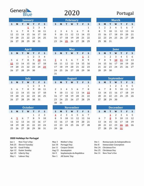 Printable Calendar 2020 with Portugal Holidays (Sunday Start)