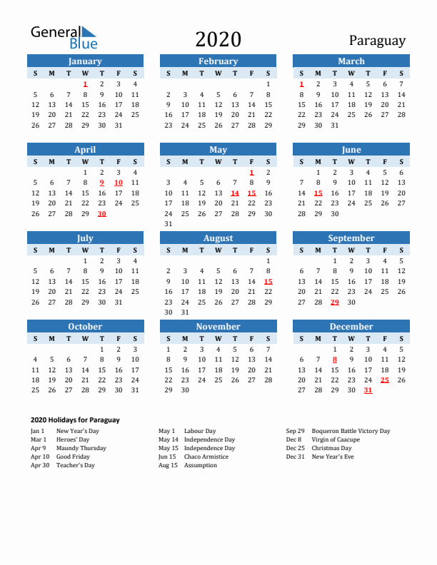 Printable Calendar 2020 with Paraguay Holidays (Sunday Start)