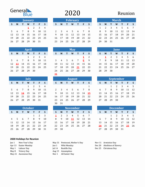 Printable Calendar 2020 with Reunion Holidays (Sunday Start)