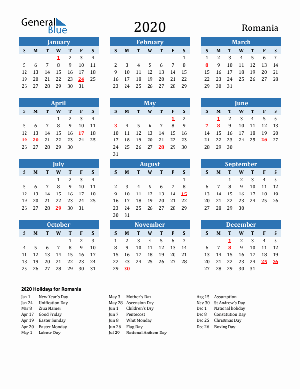 Printable Calendar 2020 with Romania Holidays (Sunday Start)