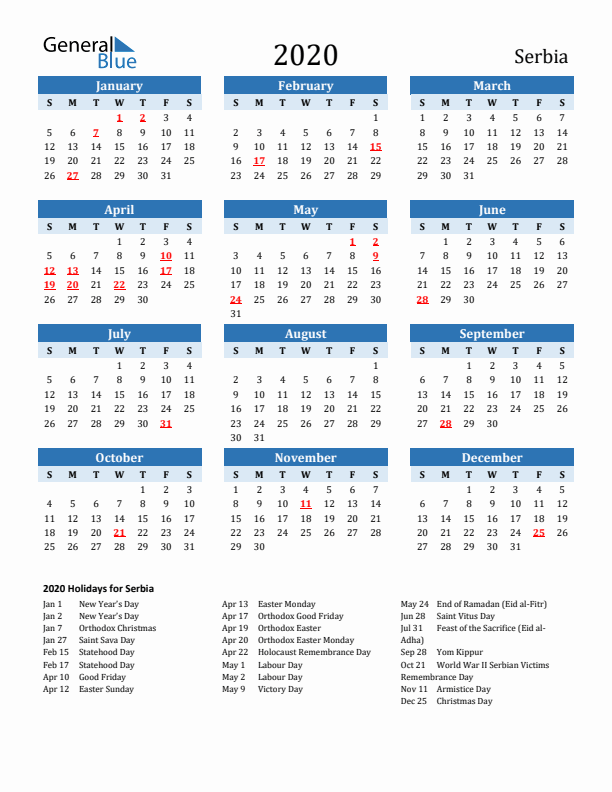 Printable Calendar 2020 with Serbia Holidays (Sunday Start)