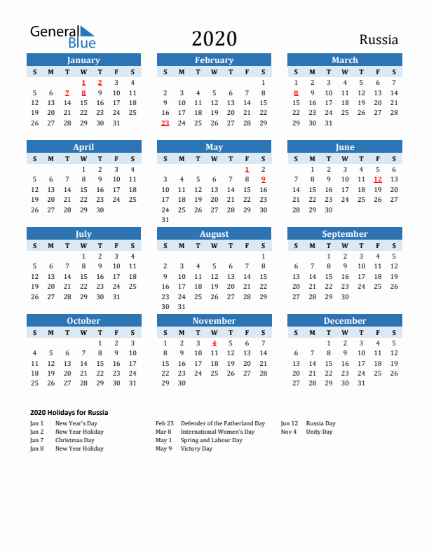 Printable Calendar 2020 with Russia Holidays (Sunday Start)