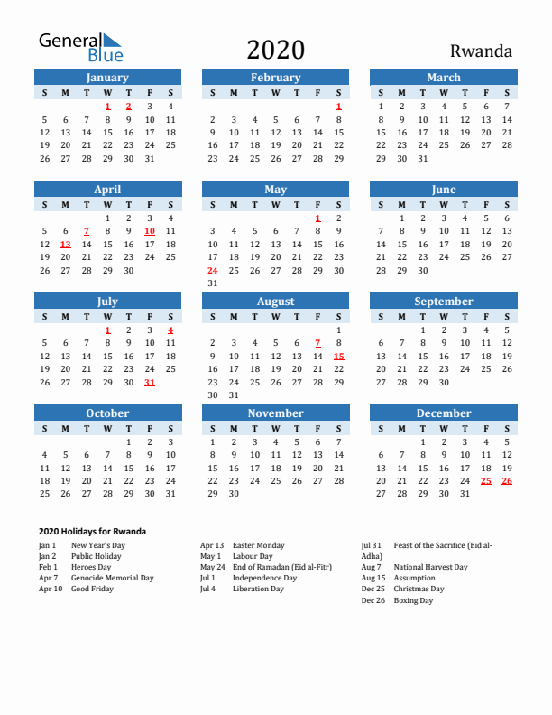 Printable Calendar 2020 with Rwanda Holidays (Sunday Start)