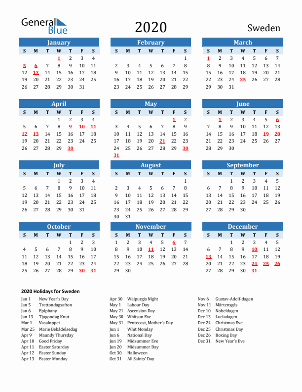 Printable Calendar 2020 with Sweden Holidays (Sunday Start)