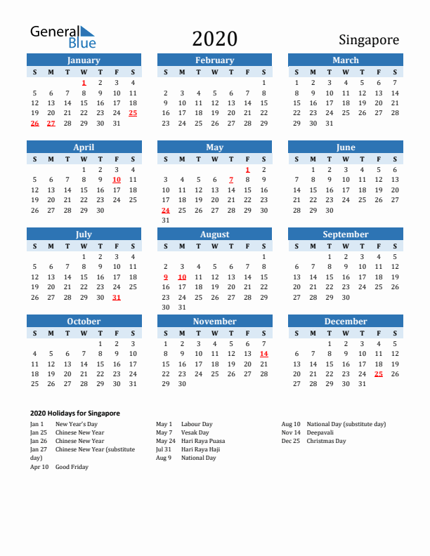 Printable Calendar 2020 with Singapore Holidays (Sunday Start)