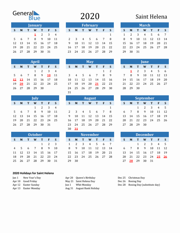 Printable Calendar 2020 with Saint Helena Holidays (Sunday Start)
