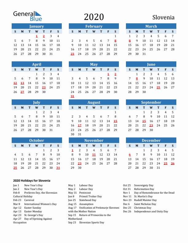 Printable Calendar 2020 with Slovenia Holidays (Sunday Start)