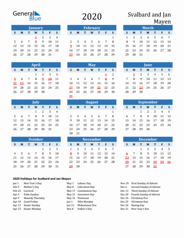 Printable Calendar 2020 with Svalbard and Jan Mayen Holidays (Sunday Start)