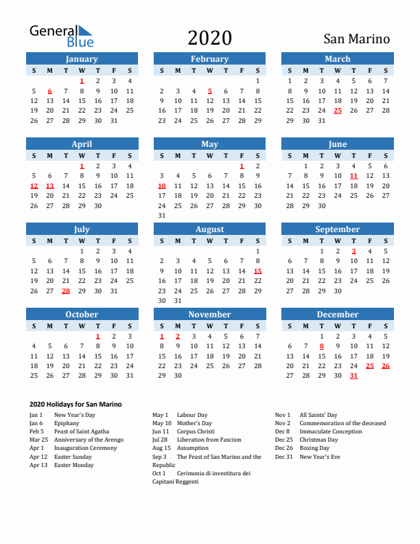 Printable Calendar 2020 with San Marino Holidays (Sunday Start)