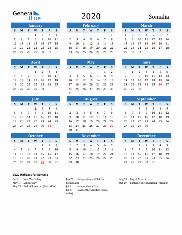 Printable Calendar 2020 with Somalia Holidays (Sunday Start)