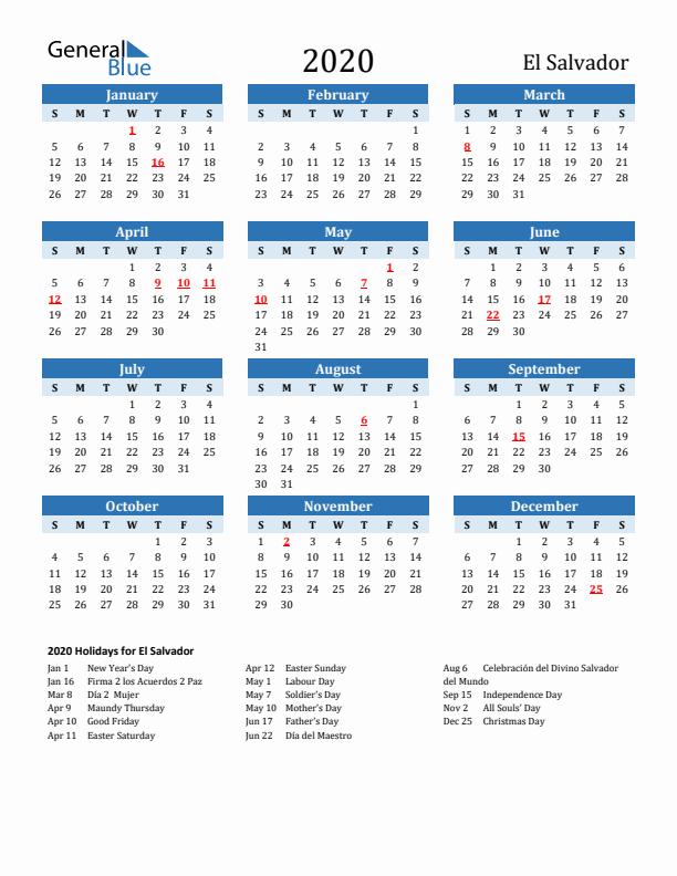 Printable Calendar 2020 with El Salvador Holidays (Sunday Start)