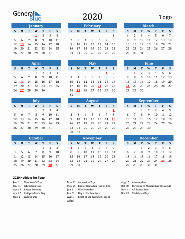 Printable Calendar 2020 with Togo Holidays (Sunday Start)