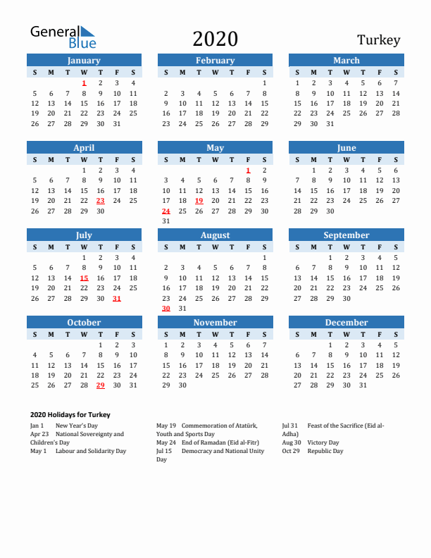 Printable Calendar 2020 with Turkey Holidays (Sunday Start)