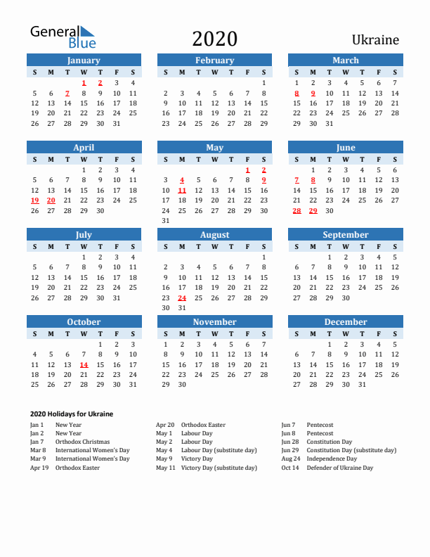Printable Calendar 2020 with Ukraine Holidays (Sunday Start)