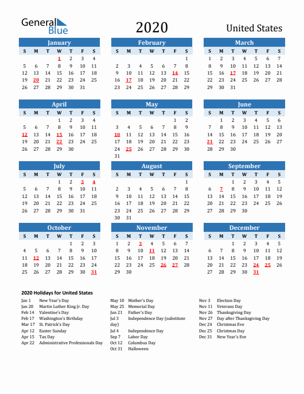 Printable Calendar 2020 with United States Holidays (Sunday Start)