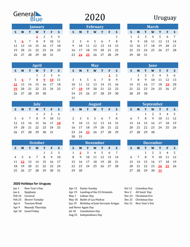Printable Calendar 2020 with Uruguay Holidays (Sunday Start)