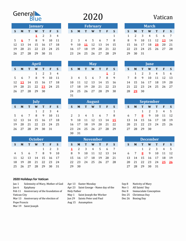 Printable Calendar 2020 with Vatican Holidays (Sunday Start)