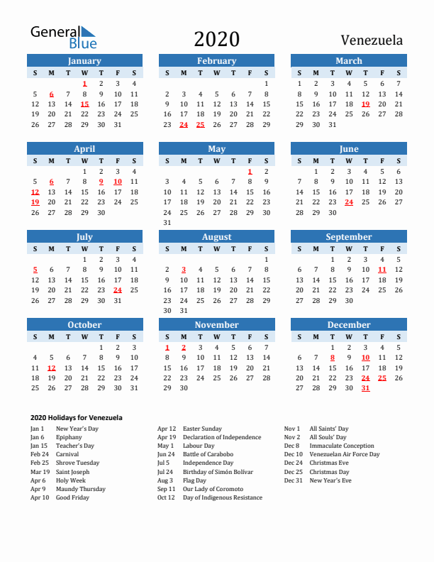 Printable Calendar 2020 with Venezuela Holidays (Sunday Start)