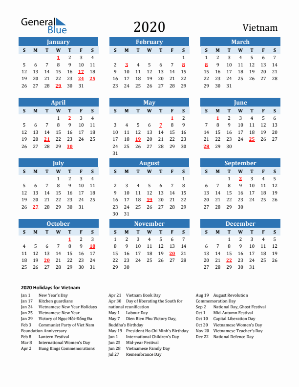 Printable Calendar 2020 with Vietnam Holidays (Sunday Start)