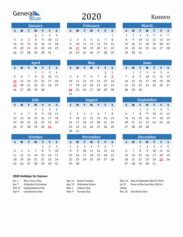 Printable Calendar 2020 with Kosovo Holidays (Sunday Start)