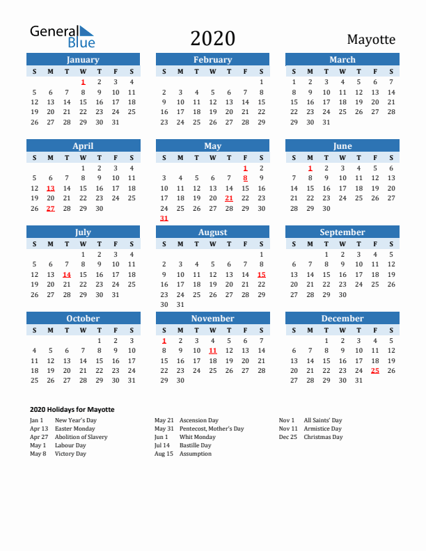 Printable Calendar 2020 with Mayotte Holidays (Sunday Start)