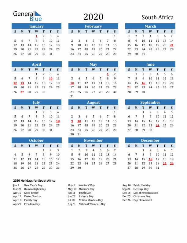 Printable Calendar 2020 with South Africa Holidays (Sunday Start)