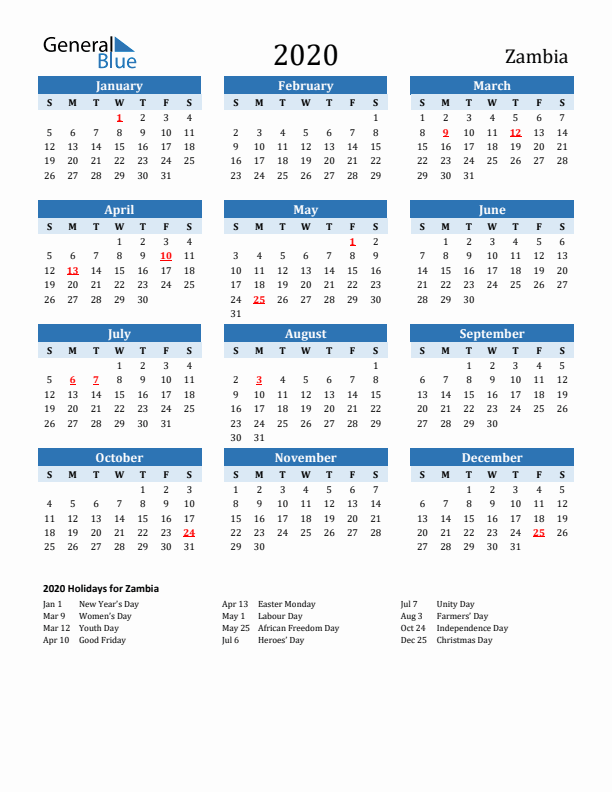 Printable Calendar 2020 with Zambia Holidays (Sunday Start)