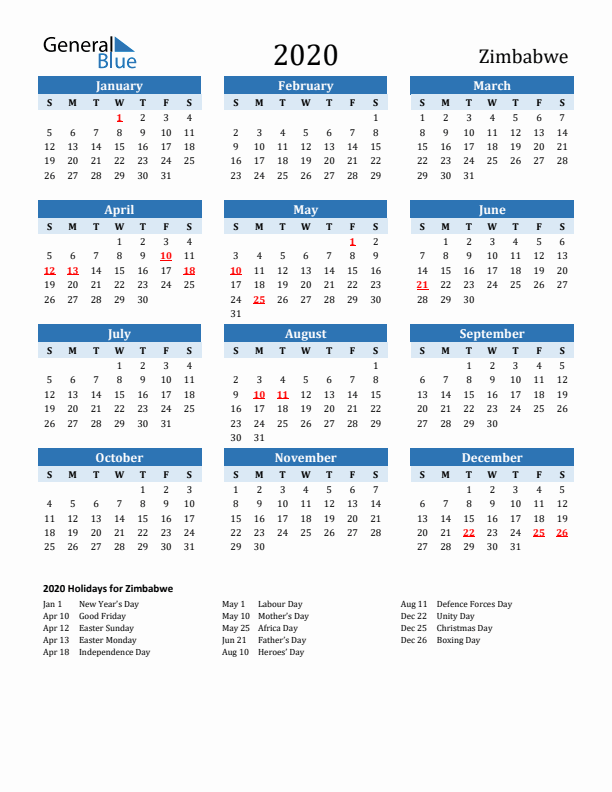 Printable Calendar 2020 with Zimbabwe Holidays (Sunday Start)