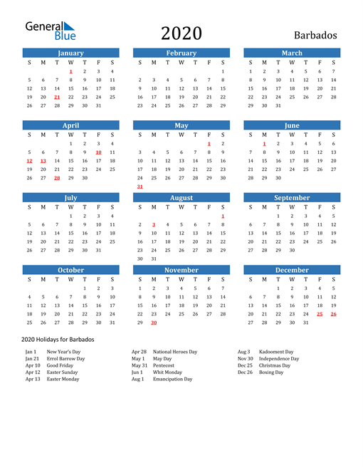 2020 Barbados Calendar with Holidays