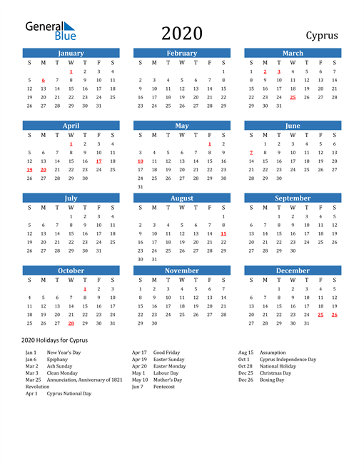 2020 Cyprus Calendar with Holidays