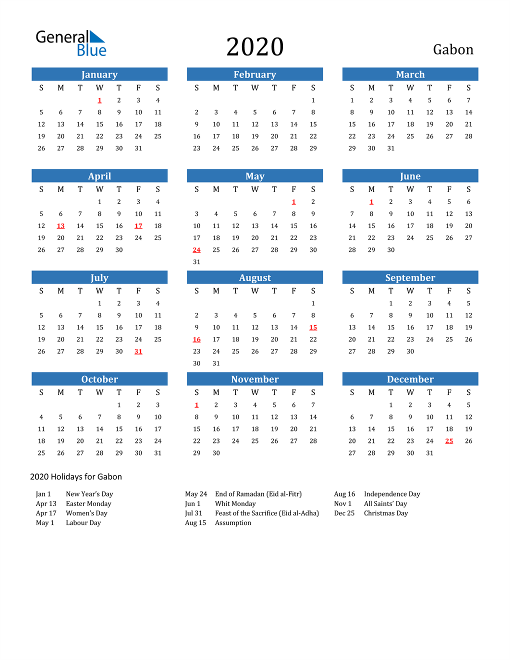 Gabon 2020 Calendar with Holidays