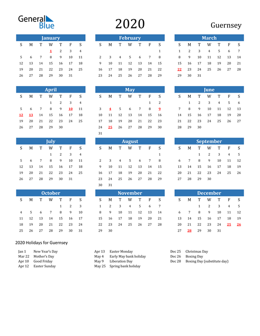 Guernsey 2020 Calendar with Holidays