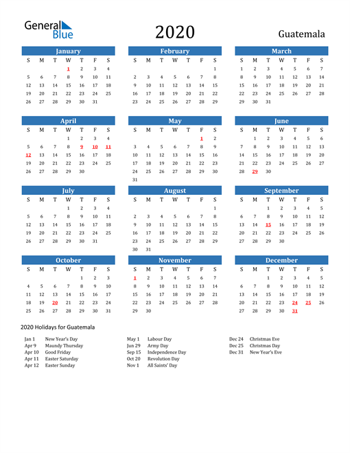 Guatemala 2020 Calendar with Holidays