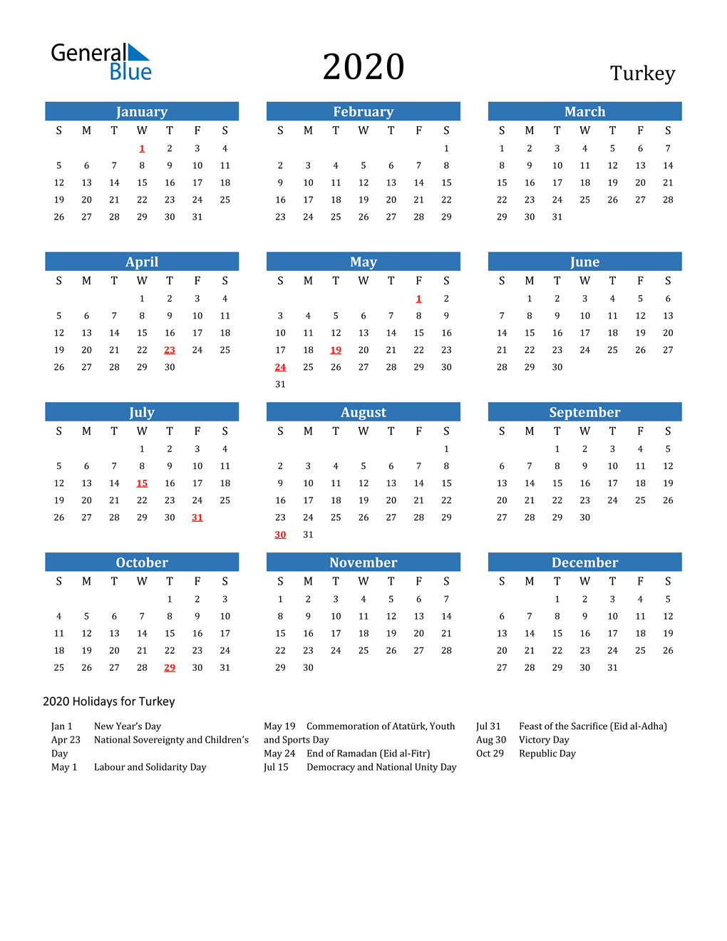 2020 Turkey Calendar with Holidays
