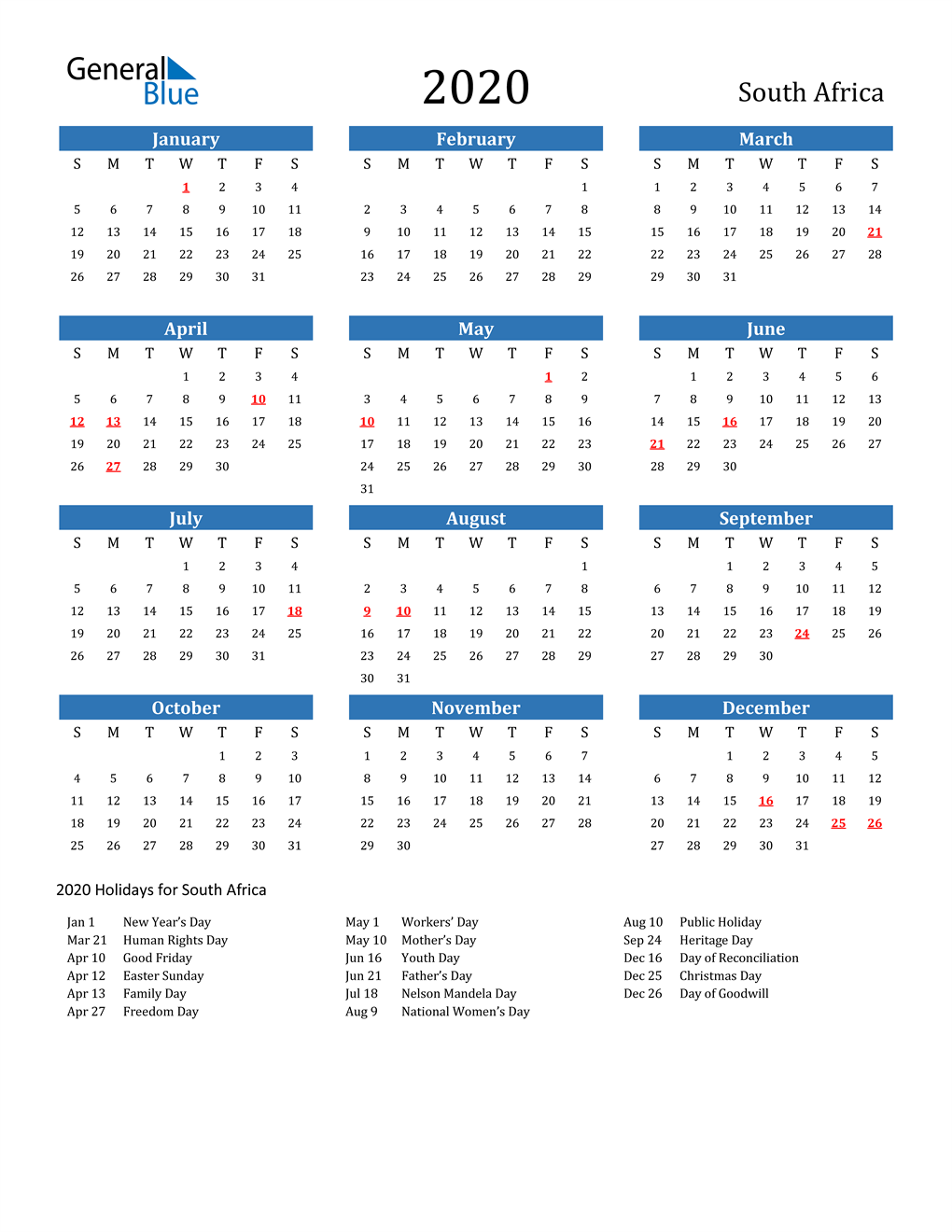 2020 South Africa Calendar with Holidays