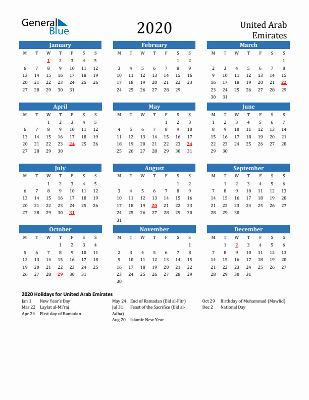 United Arab Emirates 2020 Calendar with Holidays