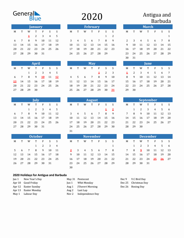 Antigua and Barbuda 2020 Calendar with Holidays