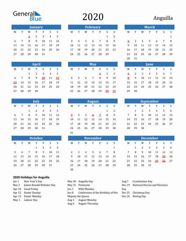 Anguilla 2020 Calendar with Holidays