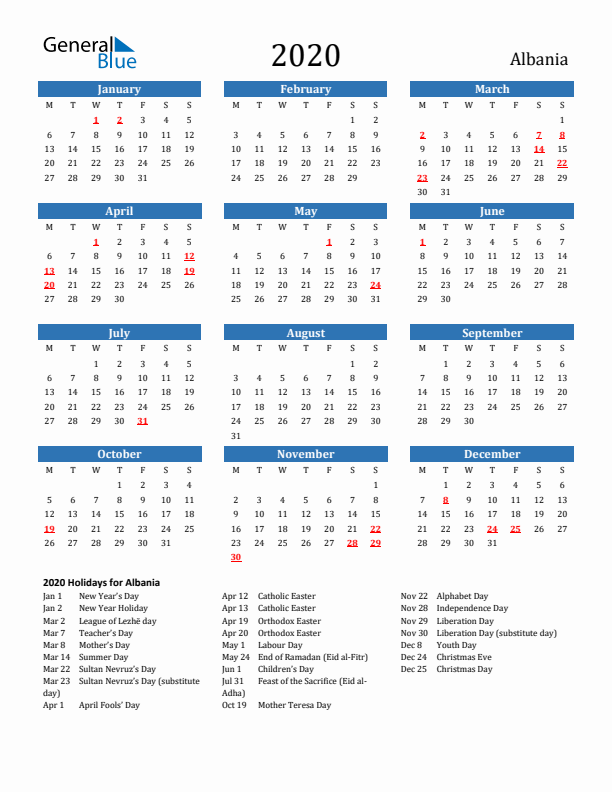 Albania 2020 Calendar with Holidays