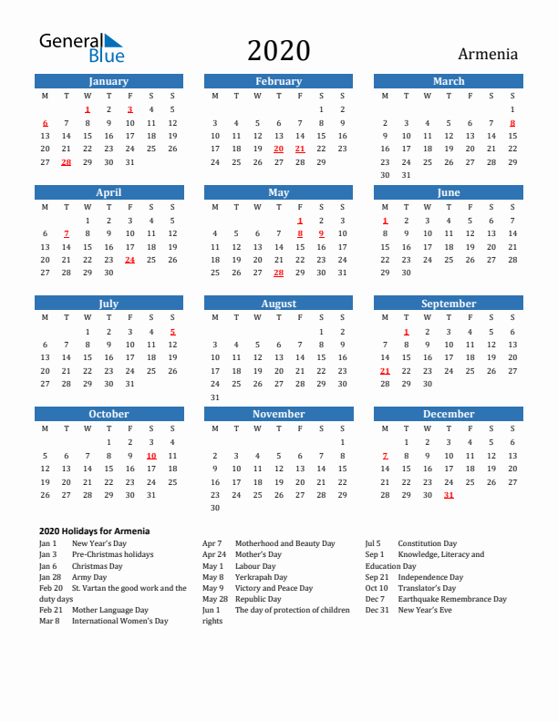 Armenia 2020 Calendar with Holidays