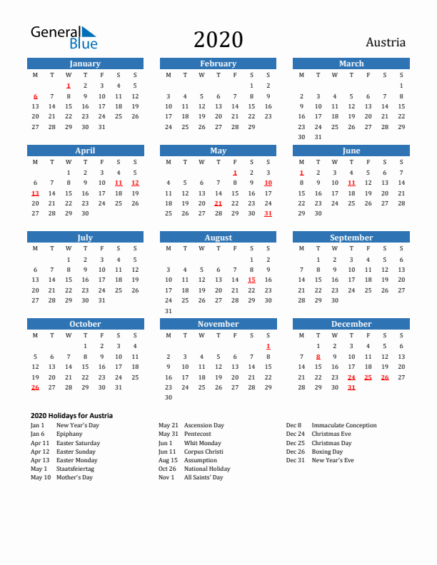 Austria 2020 Calendar with Holidays