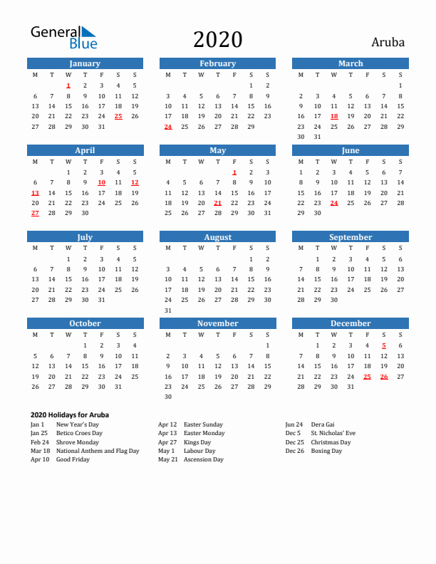 Aruba 2020 Calendar with Holidays