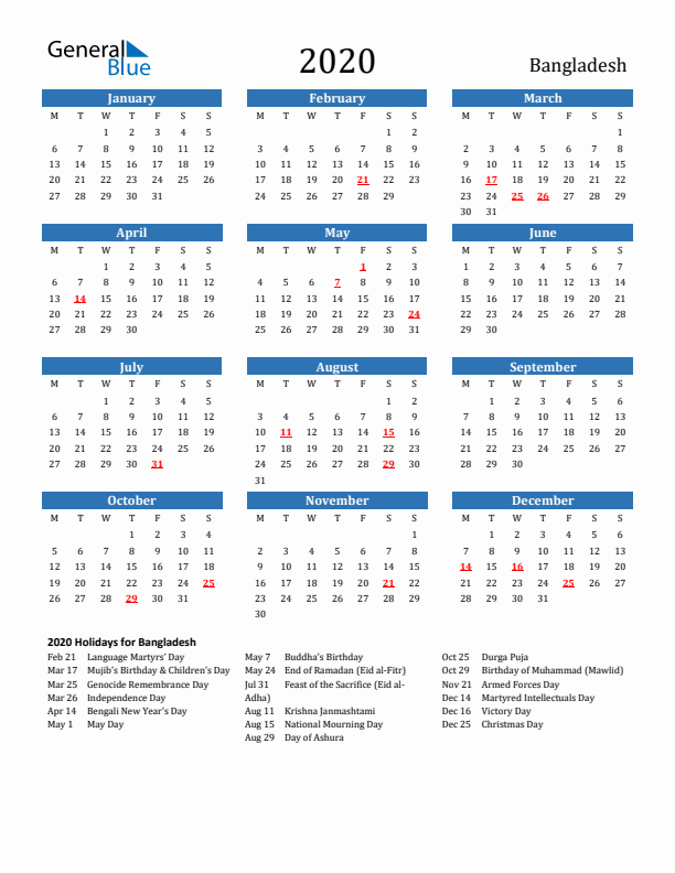 Bangladesh 2020 Calendar with Holidays