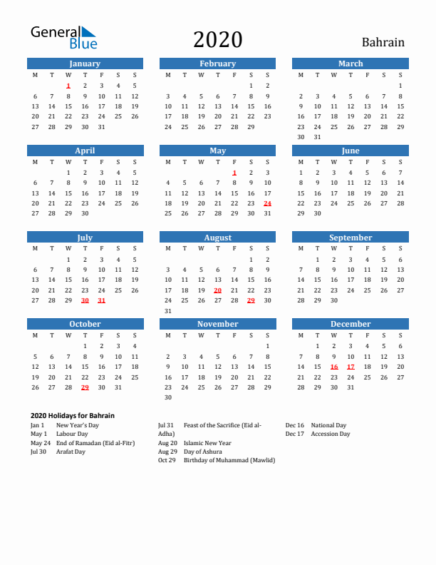 Bahrain 2020 Calendar with Holidays