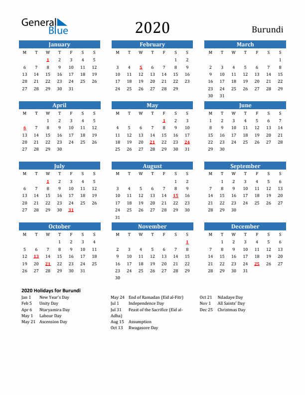 Burundi 2020 Calendar with Holidays